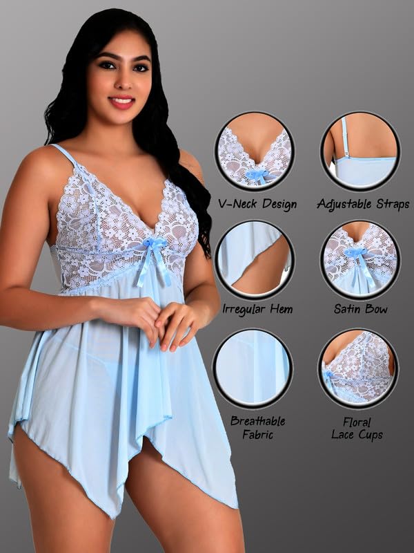 Image of Babydoll Lace Nighty with Adjustable Straps Above Knee V Neck S-3XL