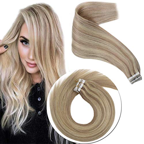 Sunny 24inch Invisible Tape in Extensions Adhesive Real Remy Human Hair #18 Ash Blonde Highlighted with #613 Bleach Blonde Full Set Tape in Blonde Hair Extensions Double Sided Tapes 20pcs/50g