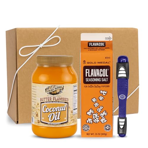 Popcorn Salt and Oil Gift Set - Flavacol Popcorn Seasoning Salt 35 oz. & Golden Barrel Butter Flavored Coconut Oil 32 oz. Bundled with Peaknip Measuring Spoon
