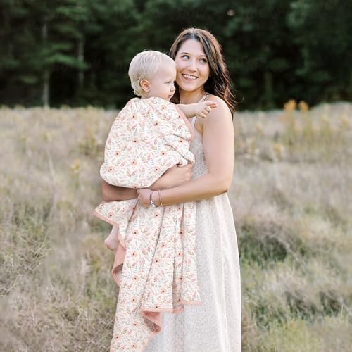 Image of lulumoon Muslin Baby Blanket for Girls - Soft Cotton for Newborn - 4 Layer Reversible Breathable Floral Receiving Blanket for Nursery Crib and Stroller 47 inchx47 inch (Pink Flower)