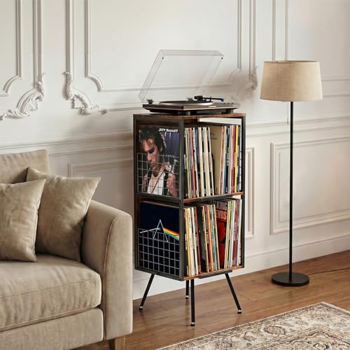 Faesun 3-Tier Record Player Stand with Vinyl Storage up to 200 Albums, Corner Vinyl Record Storage Cabinet with 4 Dividers & Wooden Back Panel, Turntable Stand for Living Room, Rustic Brown by Faesun - Used condition - Image 3