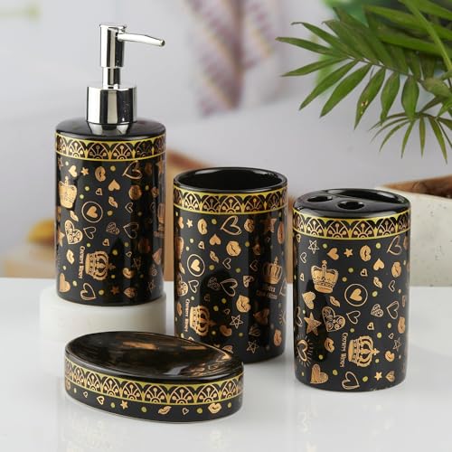 Image of SaSaSa Ceramic Bathroom Accessories Set of 4 Modern Bath Set with Soap Dispenser & Toothbrush Holder, Luxury Home & Gift Idea, Black /Gold (10462)