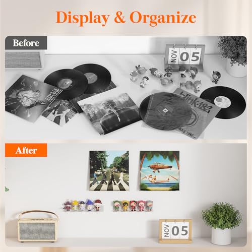 Image of Lifewit Narrow Acrylic Floating Shelves for Vinyl Record 12 inch, Clear 6 Pack | Wall Shelf for Nail Polish, Book, Picture, Makeup, Album Covers Display Organizer for Bedroom, Living Room, Bathroom Decor