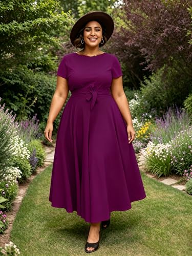 Image of Hostoyo Women Plus Size Formal A Line Maxi Dress Self Tie Waist with Pockets Elegant Round Neck Swing Long Dresses