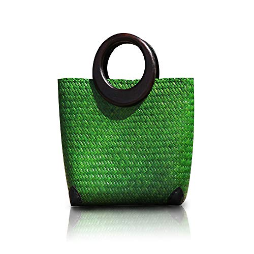 Image of Hand-woven Womens Straw Large Boho Handbag Bag for Women, Summer Beach Rattan Tote Travel Bag with Wood Round Top Handle (Green)