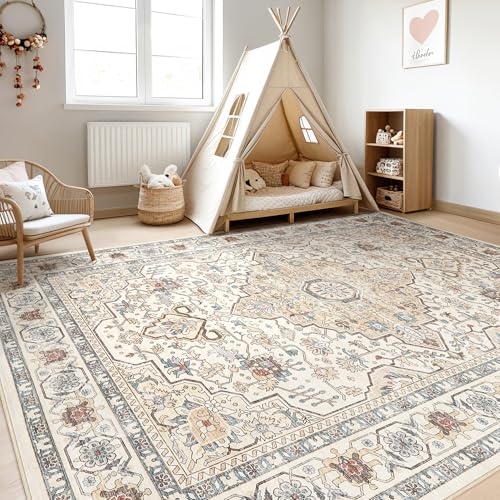8x10 Area Rugs Living Room: Washable Boho Large Neutral Vintage Soft Rug Stain Resistant Farmhouse Non Slip Indoor Floor Carpet for Bedroom Nursery Kids Playroom Office Dining Room- Cream Blue