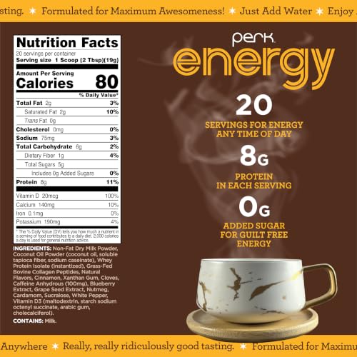Image of Perk Energy Drink Mix (Chai Latte) 20 Servings, Gluten-Free, Soy-Free | Caffeinated Healthy Coffee Alternative with Protein, 100mg of Caffeine, Peanut-Free