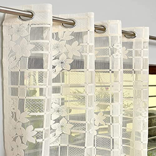 Image of Kuber Industries Flower Print 7 Feet Cotton Door Curtain for Living Room, Bed Room, Kids Room with 8 Eyelets Pack of 2 (Cream)-50KM01054