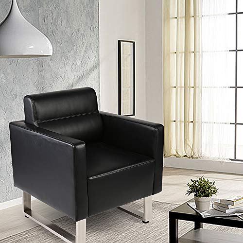 LUCKYERMORE Office Guest Reception Chairs Set of 2 Waiting Room Chairs Lobby Chairs Black Leather Accent Chairs W/Arm Sofa Barrel Salon Club Chairs Heavy Duty Hold Up to 400LBS