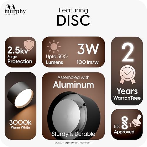 Image of Murphy 3W LED Disc Surface Light Black Finish | Warm White 3000K | Up to 300 Lumens | Aluminium Body | BIS Approved | 2 Year Warranty | Pack of 10
