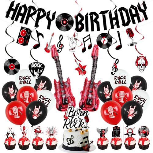 Image of Crenics Rock and Roll Birthday Party Decorations with Happy Birthday Banner | Hanging Swirls, Cake Toppers and Balloons for Music Rock & Roll Party Supplies