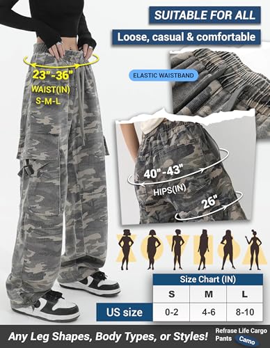 REFRASE LIFE Women's High Waisted Cargo Pants 6 Pockets 100% Cotton Fabric Camo Trousers4