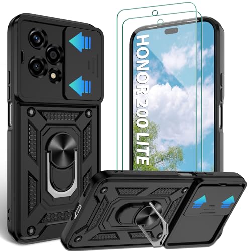 Jshru for Honor 200 Lite Case with Screen Protector Camera Protection Cover Built-in Ring Kickstand Military Grade Shockproof Case for Honor 200 Lite Black