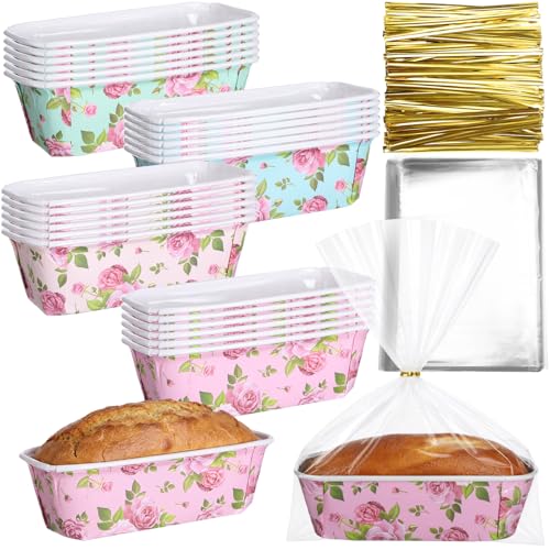 LemonRoad 24 Sets Wedding Paper Loaf Pan for Baking 6.3 x 2.2 x 2.2 Inch Small Disposable Rose Flower Baking Pans with Clear Plastic Bags and Ties Rectangle Cake Mold for Bread Tea Party Supply Gift
