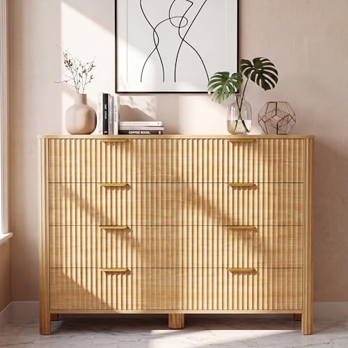 Image of Wodeer 8 Drawer Dresser for Bedroom, 47 inch Wide Wood Storage Cabinet with Fluted Design, Modern Chest of Drawers & TV Stand for Living Room, Nursery Clothing Organizer with Metal Slides, Anti-Tipping