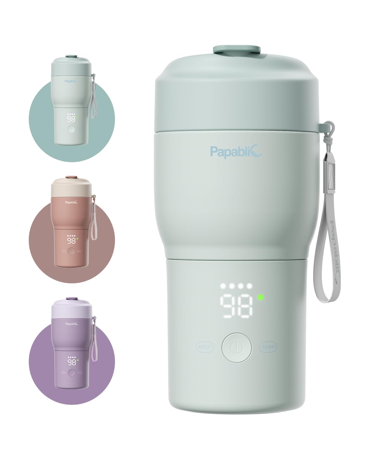 Papablic Pro Portable Bottle Warmer — 115W Fastest Heating, Built-in Sterilizer, 8 Feeds per Charge, 5 Temp Settings + Keep Warm, for Breastmilk & Formula, Mint Green