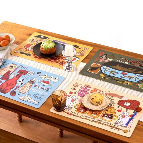 SAMCAM Placemats Set of 4 with Hand-Drawn Illustrations, 17.7" x 11.8", Faux Leather Place Mats, Waterproof, Heat Resistant, Anti-Slip, Easy to Clean, Table Mats for Dining, Kitchen, Coffee Table