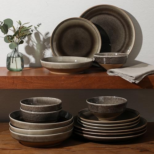 Image of Gibson Elite Hailstone 16 Piece Stoneware Reactive Glaze (Service for 4) Ceramic Plates and Bowls Dinnerware Set - Black