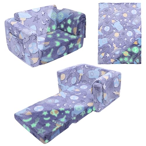 GIOVARA Sofá Cama para Niños 2 en 1 Extra Ancho, Sofá Plegable para niños, Sofá Infantil Plegable de Sherpa Suave con Dinosaurio Brillante, Cama Convertible para Niños/Niñas (Astronautas)