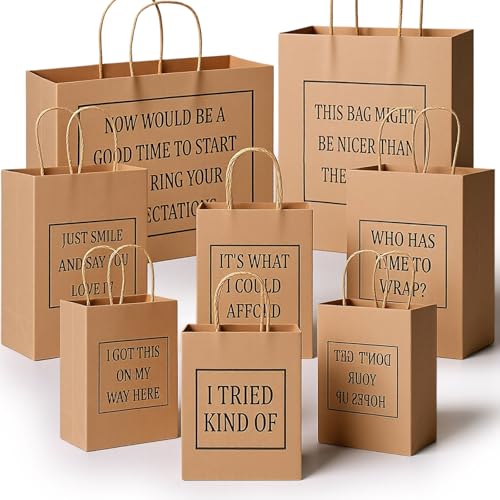 24 Pcs Funny Gift Bags Assorted Sizes Funny Assorted Kraft Brown Paper Gift Bags with Sarcastic Phrases for Birthday Office Parties Christmas White Elephant Gifts Goodie Bags for Birthday Party