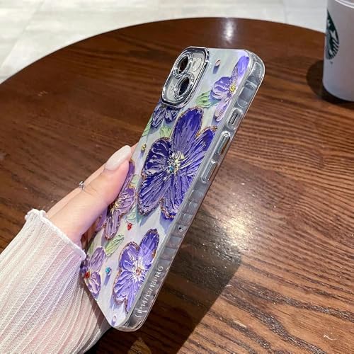 Image of VONZEE Compatible with iPhone 16 Pro Max Case Laser Flower Oil Painting Cute Colorful Blue Ray Bumper with Full Camera Protection Shockproof PC+TPU Glossy Shiny Cover for Girls Women, Purple