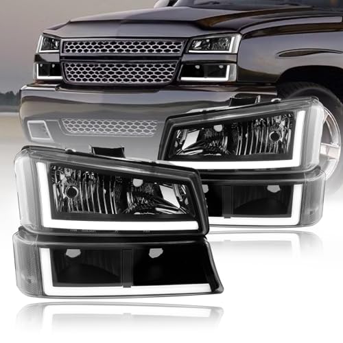 Fullux LED DRL Headlights Assembly Compatible with 2003 2004 2005 2006 Chevy Silverado / 2003-2006 Avalanche without Factory Cladding Replacements Clear Reflector Black Housing