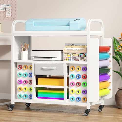 Craft Organization and Storage Cart with Wheels Vinyl Roll Holder & Hook Up Large Rolling Craft Table with Storage Drawer Organizer Crafting Cabinet Cutting Stand Compatible for Cricut Machines
