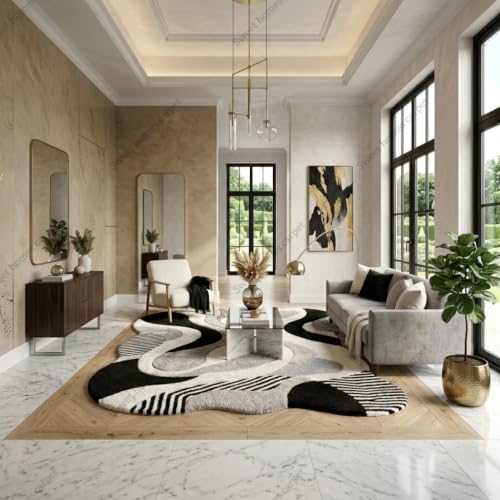 Image of SWEET HOMES Irregular Handwoven Shaggy Fluffy Area Rug | Modern Abstract Plush Carpet for Living Room, 12 x 18 Feet (366 x 549 cm), Black /Grey