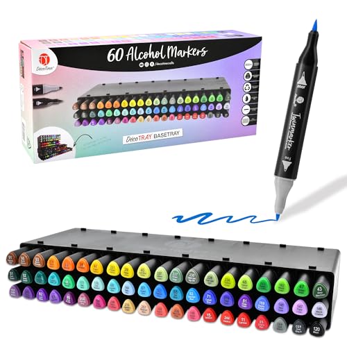 Decotime Twin Alcohol Marker with Storage Tray - 60 Dual Tip Coloring Permanent Marker Pens, Adults Art & Crafts - Quick Dry Artist-Grade Markers, Fine & Brush Tips for Drawing, Blending