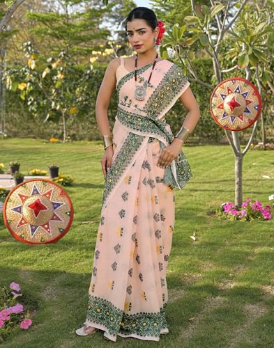 Image of SIRIL Women's Cotton Linen Mekhela Chador Printed Saree with Unstitched Blouse Piece