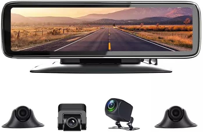BLACKPOOL 360° 4 Channel Dashboard Digital Camera Full Hd 12" IPS Touch Mirror Screen Dash Digital Camera with Enhanced Night Vision, Parking Assistance, G-Sensor, and Loop Recording