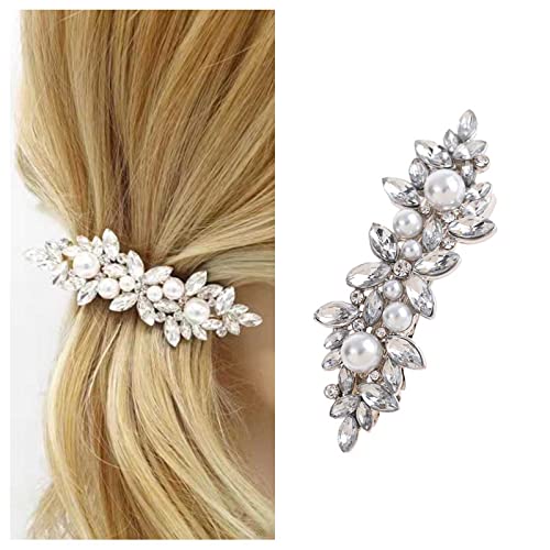 Iaceble Rhinestone Pearl Hair Clip Hairpins Vintage Pearl Hair Clip Silver Crystal Hair Barrette Bridal Hair Pin Hairclip Decorative Hair Accessories for Women and Girl Pearl Wedding Headdress (Silver)