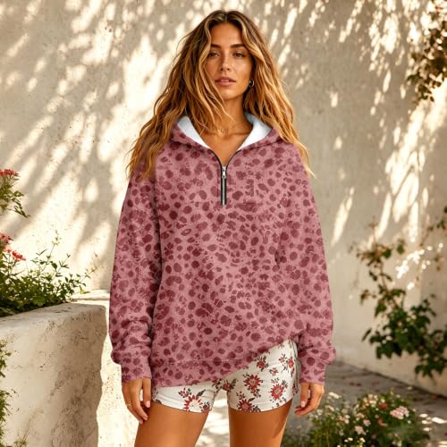 Womens Quarter Zip Pullover Oversized Loose Cheetah Pattern Baggy Hoodies - image 4