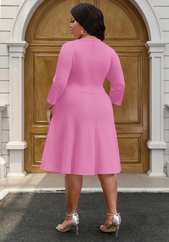 Church Dress for Women V Neck 3/4 Sleeve Midi Causal Cocktail Party A-Line Dresses with Pockets - Image 5
