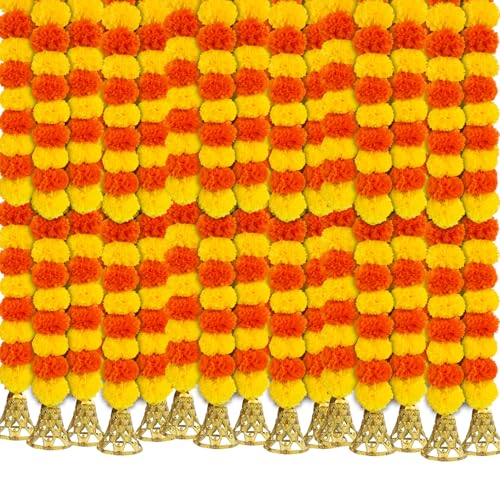 DRYPHON Marigold Garlands Decoration with Bell, Artificial Flowers for Decorations Hanging Garlands for Home Decorations, Ganpati Decoration/Diwali Decoration for Home Decor- (Multicolor, Pack of 15)
