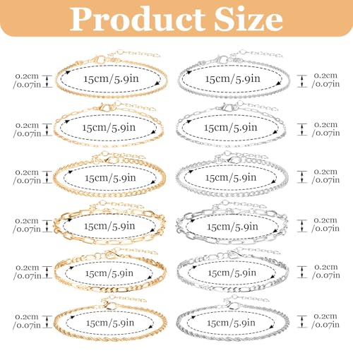 12pcs Gold/Silver Ankle Bracelets for Women Layered Waterproof 14k Cuban Link Chain Anklets Set Adjustable Dainty Summer Beach Gold Accessories Boho Bracelet Jewelry2