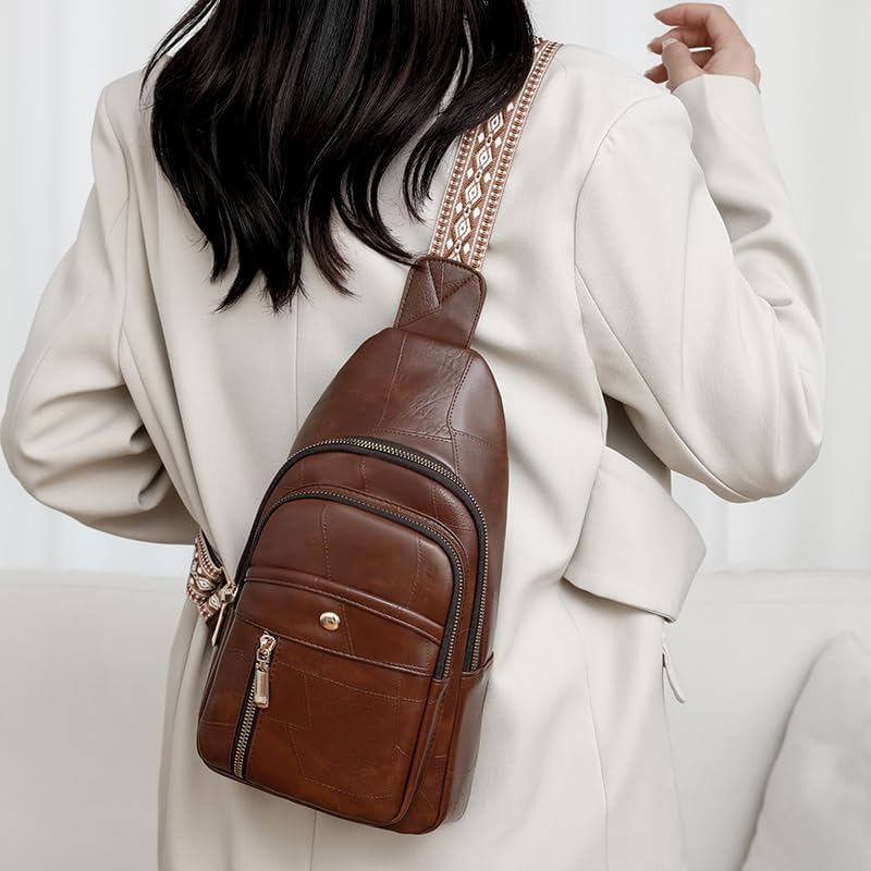 レディース PU 素材 プリント ワイド ショルダー ストラップ クロスボディバッグ チェストバッグ (ブラウン), ブラウン