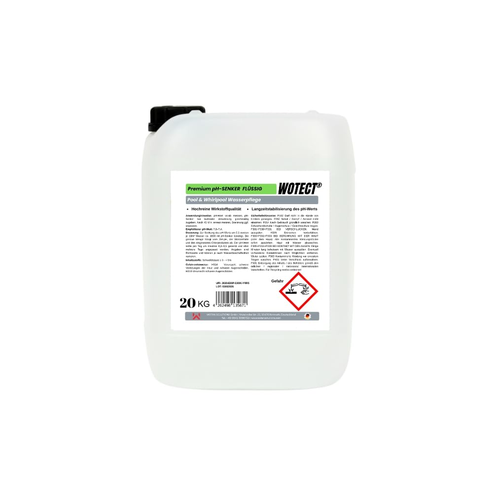 WOTECT® Premium pH-Senker Flüssig 20L – Professionelle Pool & Whirlpool Wasserpflege – pH-Minus Regulator für Schwimmbad & Dosieranlagen – Made in Germany