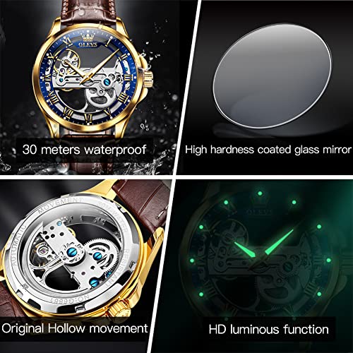 Image of OLEVS Skeleton Watches for Men Automatic Self Winding Mechanical Luxury Dress Leather Waterproof Luminous Men Wrist Watch
