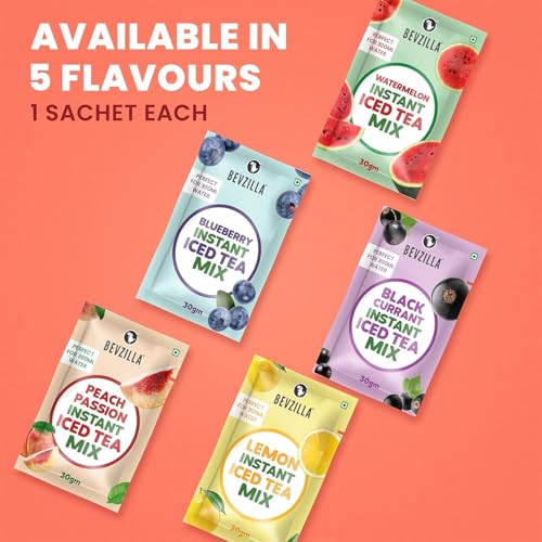 Image of Bevzilla Instant Iced Tea Sachets Assorted 5 Flavours (30g Each)|Perfect for Summers Refreshment + 24 Instant Coffee Powder Sachets (4 Assorted Flavours) - Ideal for Espresso, Latte & Cappuccino
