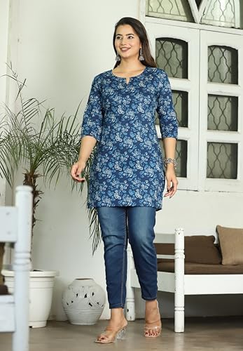 Image of Women's Floral Printed Rayon Short Kurti, Casual Ethnic Style, Side Slits, 3 /4 Sleeves, Regular Fit, for Jeans & Leggings