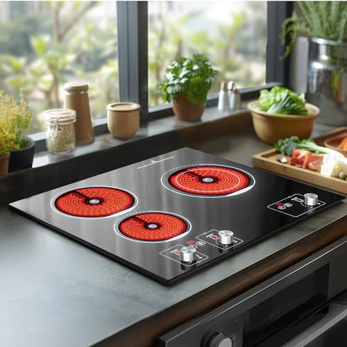 Electric Cooktop 24Inch, 3 Burners Knob Control Built-in Ceramic Stove Top with Child Safty Lock & Timer & Over-Temperature Protection & 10 Power Setting,5200W, 220-240v Hard Wire