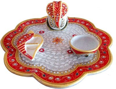 EtsiBitsi Rajasthani Kundan Studded Hand Painted Floral Marble Pooja Thali Set with Ganesh and Sindoor Chopra
