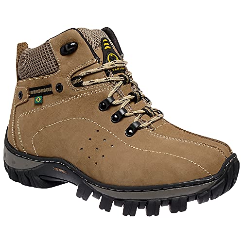 Kit Bota Coturno Adventure Masculino Adulto e Infantil em Couro Bovino e Solado Costurado (45, Caqui