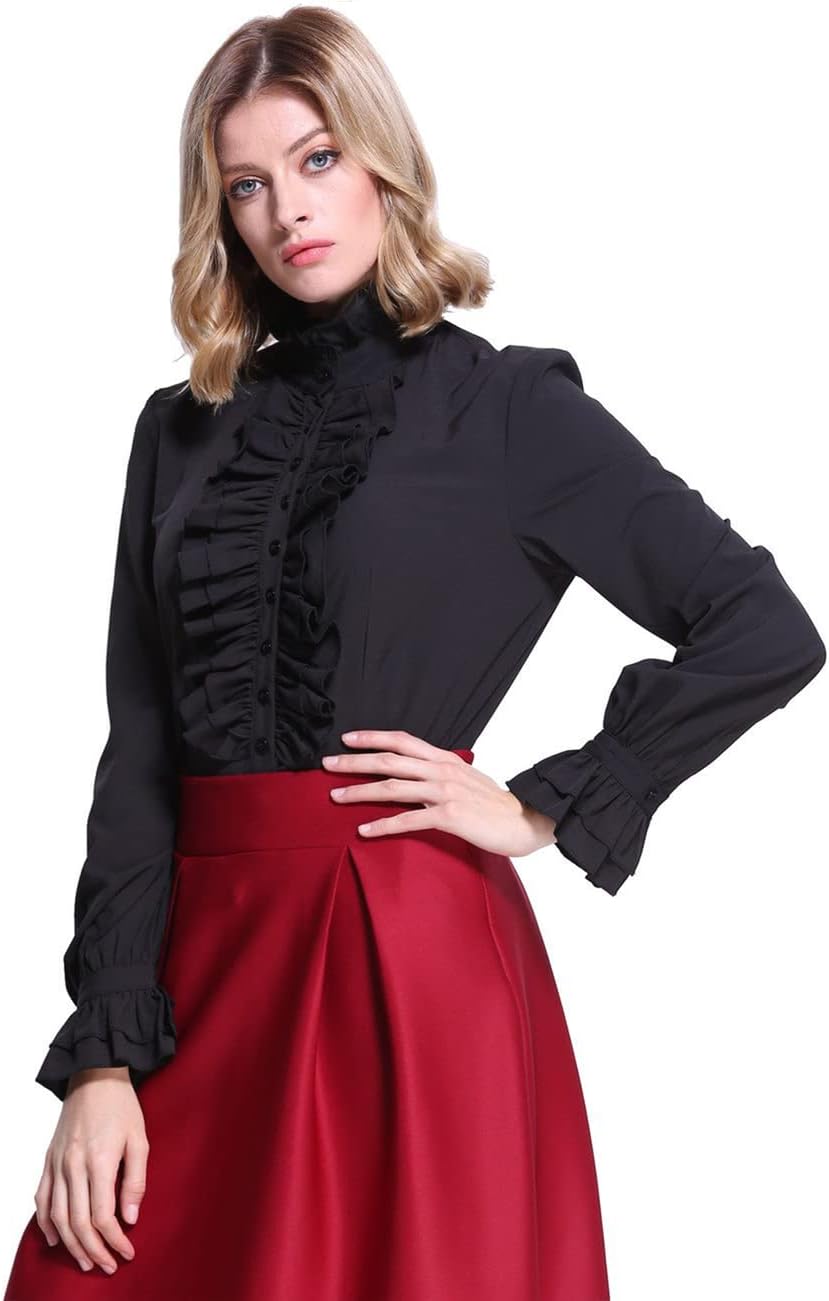 Women's Victorian Gothic Shirts Vintage Ruffled Long Sleeve Blouse Tops - Image 2