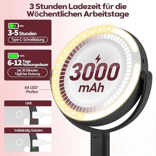 MOMOKUBA Kosmetikspiegel mit Beleuchtung, Vergrößerungsspiegel mit Licht 30fach, Kosmetikspiegel mit Vergrößerung 7", Doppelseitig 3 Farben 64 Led, Schminkspiegel mit Beleuchtung 360° Drehbar, Schwarz 6