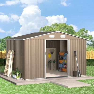 ALAULM 10'x8' Outdoor Storage Shed Outdoor Galvanized Metal Tool Shed with Vents & Sliding Door, Waterproof Garden Shed for Patio,Lawn,Backyard to Store Bikes,Tools,Brown