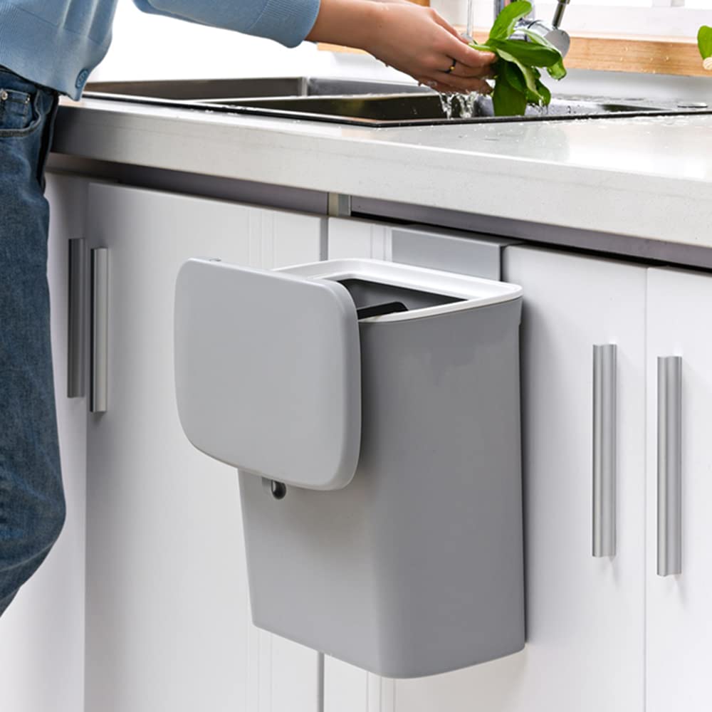 Kosz na śmieci organiczny, 9 l, do kuchni, wiszący, mały kosz na śmieci z pokrywką, na blat roboczy, do kuchni, łazienki, sypialni (szary)