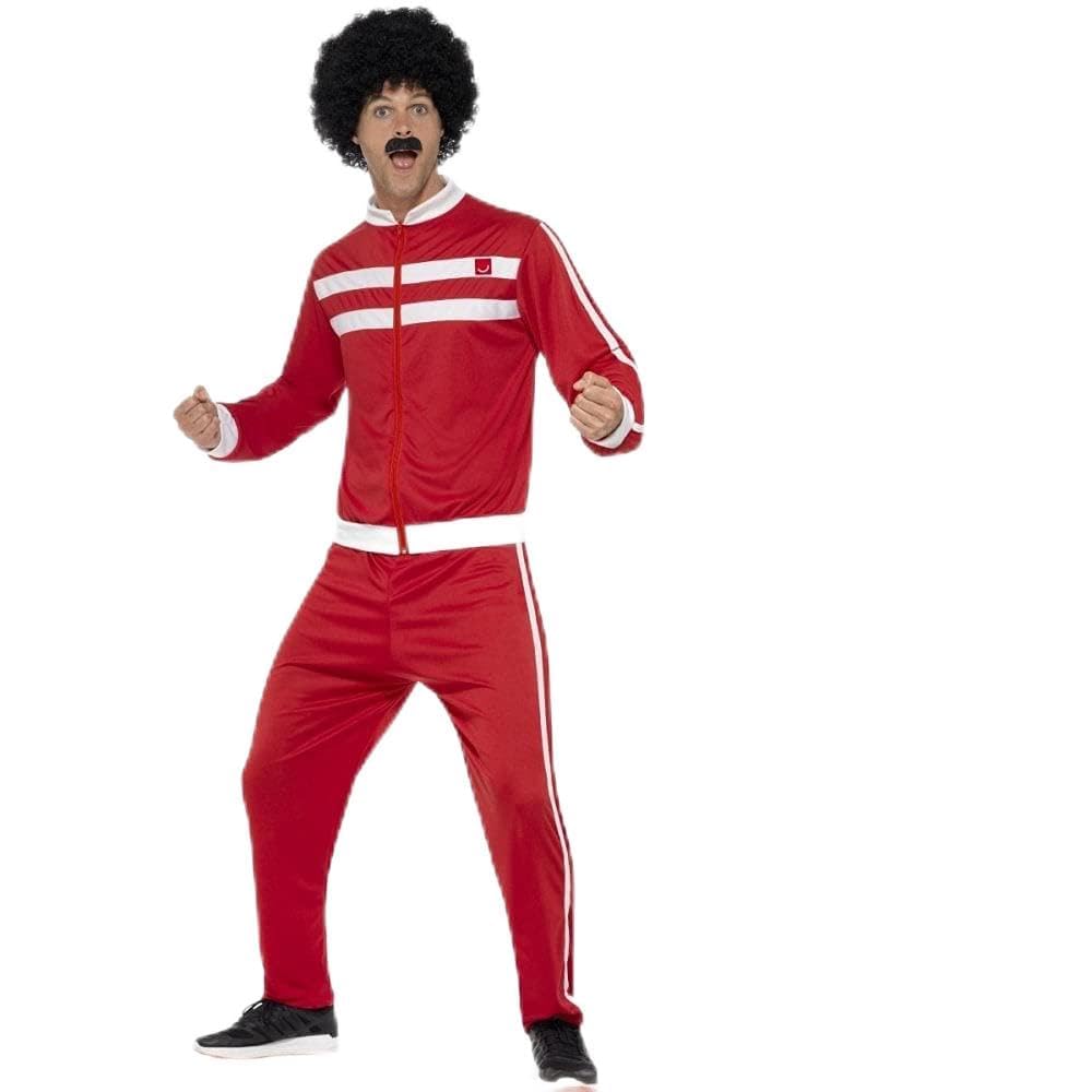 A2ZFD Mens Red Scouser Tracksuit + Wig & Tash : 80s Retro Fancy Dress Costume (Large (42-44'')), (1166SM CS4)