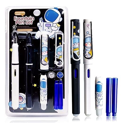 SAMVARDHAN Erasable Fountain Pen Fine Nib Space Astronaut Theme Ink Pen Fine Nip Tip Pen With 2 Refills Pen for Kids, Best Gift for Girls, Blue